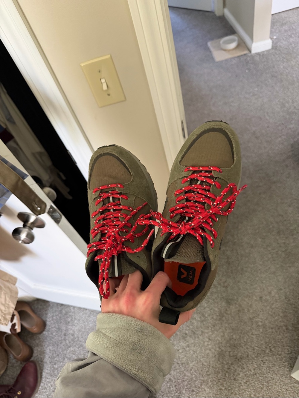 Veja Olive Green Sneakers with Red Accent Laces